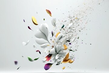 Confetti flower and petals over white background. Generative AI illustration