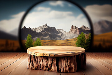 Empty wooden table top product display showcase stage with moutain background. Generative AI