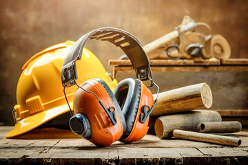 Safety protective equipment in carpentry - headphones and helmet. AI generative