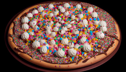 Fototapeta na wymiar A chocolate pizza topped with marshmallows and colorful sprinkles generative AI