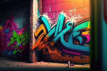 Vibrant colors graffiti wall in dark city alleyway at night. Generative AI illustration