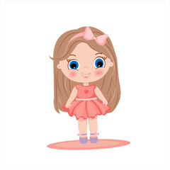 Cute beautiful little girl with bow in pink dress. Vector illustration