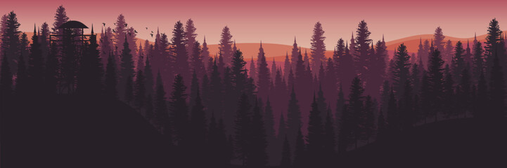 sunset silhouette of forest landscape flat design vector illustration design for wallpaper design, design template, background template, and tourism design template