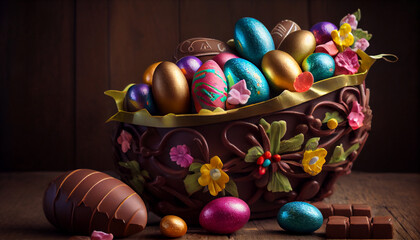 Fototapeta na wymiar An Easter basket filled with colorful chocolate eggs generative AI