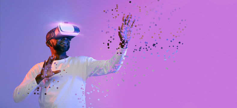 Excited african american man using VR glasses, collage