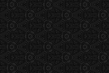 Embossed black background, cover design. Geometric vintage 3D pattern, press paper, leather. Ornaments handmade East, Asia, India, Mexico, Aztecs, Peru. Ethnic boho motifs, hot topics.