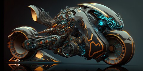 Futuristic black sport motorcycle with glowing elements. AI-generated.