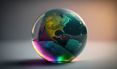  a glass globe with a multicolored map of the world in it.  generative ai