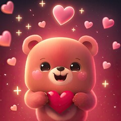 Smiling Teddy Bear With Red Heart Generative AI