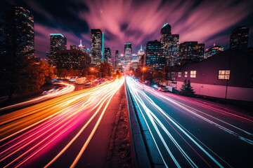 Obraz premium The Vibrant Energy of Cities: Night timelapse cityscape lights with Traffic Trails AI Generative