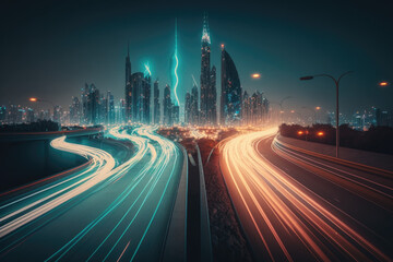 Naklejka na ściany i meble The Vibrant Energy of Cities: Night timelapse cityscape lights with Traffic Trails AI Generative