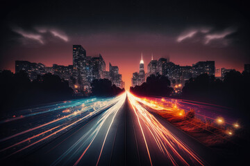 Obraz premium The Vibrant Energy of Cities: Night timelapse cityscape lights with Traffic Trails AI Generative