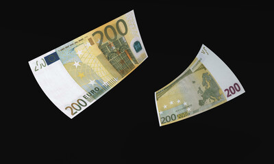 Two banknotes of 200 euro flying on black background. Europe euro. 3d rendering.