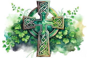 Celtic cross decorated with green clovers, watercolor card, ai generation