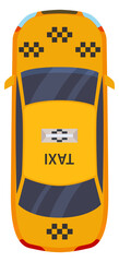 Taxi car top view. Yellow auto with black square symbol