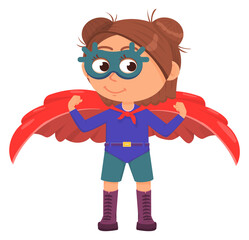 Girl in party red cape and hero mask. Super kid character