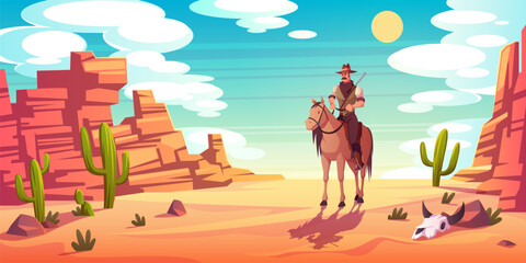 Western background. Cartoon texas cowboy character, horseman at desert canyon, wild west landscape, cow skull, cacti on blue sky backdrop, texas rodeo design element tidy vector concept