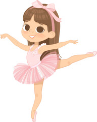 Fototapeta premium Cute Brown Hair Ballerina Girl Dancing. Little Caucasian Girl in Pink Tutu Dress and Pointe. Vector,