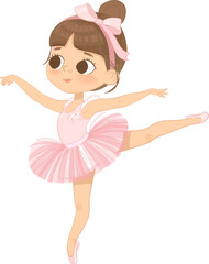 Fototapeta premium Cute Brown Hair Ballerina Girl Dancing. Little Caucasian Girl in Pink Tutu Dress and Pointe. Vector,