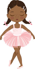 Cute Ballerina Girl Dancing. Little Ballerina in a Pink Tutu Dress and Rose Flowers Wreath. Adorable African American Girl in a pastel pink dress. Isolated