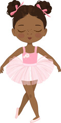 Cute Ballerina Girl Dancing. Little Ballerina in a Pink Tutu Dress and Rose Flowers Wreath. Adorable African American Girl in a pastel pink dress. Isolated - 576376398