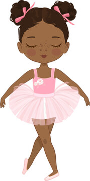 Cute Ballerina Girl Dancing. Little Ballerina in a Pink Tutu Dress and Rose Flowers Wreath. Adorable African American Girl in a pastel pink dress. Isolated