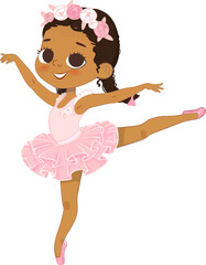 Cute Ballerina Girl Dancing. Little Ballerina in a Pink Tutu Dress and Rose Flowers Wreath. Adorable African American Girl in a pastel pink dress. Isolated