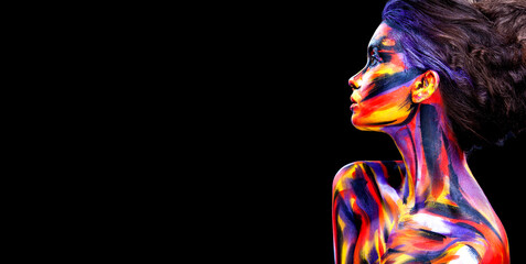 Woman in color body painting on her face. Horizontal banner. Cover art for your mixtape, video, song or podcast. Bodyart design for book covers.