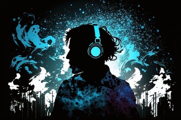 Man with headphone silhouette, music party background, generative ai