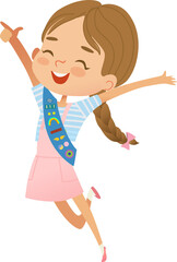 Scout Girl in a Sash Happily Jumping. Daisy Scout Girl Illustration