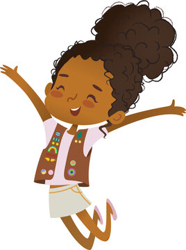 Adorable Scout Girl in a Vest Happily Jumping. Brownie Scout Girl Illustration. Happy black Girl