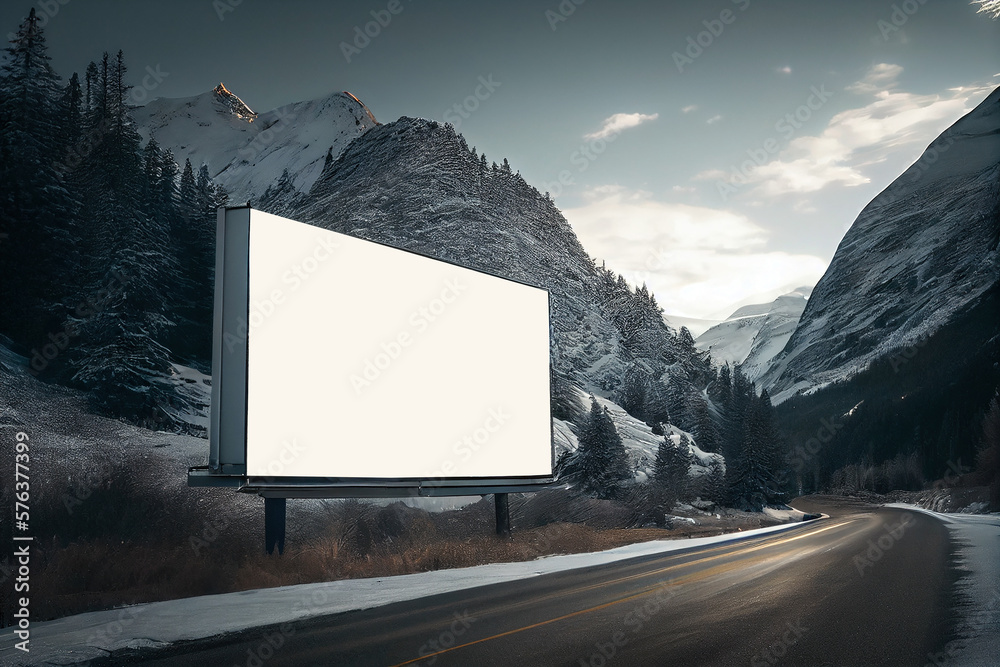 Wall mural realistic ilustration. blank white billboard on the side of a mountain road in winter. generative ai