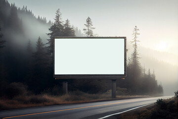 Empty white billboard on the side of highway in forest during sunrise fog. Generative ai - obrazy, fototapety, plakaty