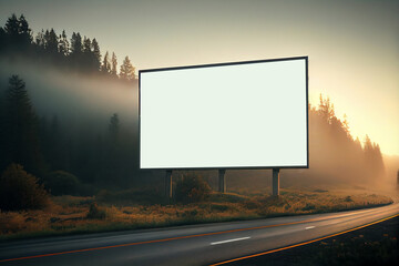 Empty white billboard on the side of highway in forest during sunrise fog. Generative ai