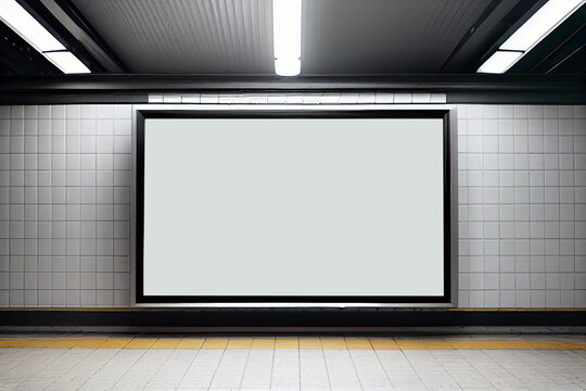 ilustration, Empty advertisement light box on the underground subway hall, Generative AI