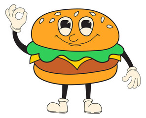 Happy burger with ok hand gesture. Funny retro comic character