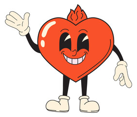 Red heart mascot with happy face in retro comic style