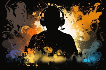 Fototapeta na wymiar Man with headphone silhouette, music party background, generative ai