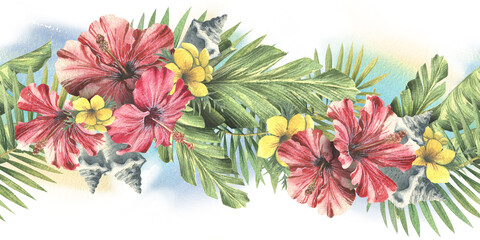 Tropical palm leaves with red hibiscus flowers and seashells. Watercolor illustration. Seamless border from the CUBA collection. For the design and design of invitations, postcards, stickers, websites © NATASHA-CHU