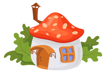 Green forest village building. Cartoon fairy mushroom house