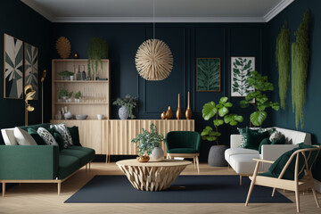 Nordic Modern Living Room with Navy Walls and Sculptural Accents , generated by IA 