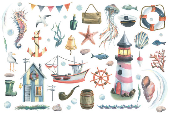 Large nautical set with a lighthouse, underwater animals, a ship and a house. Watercolor illustration from the collection SYMPHONY OF THE SEA. For decoration and design, compositions and prints