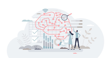 Business intelligence and successful corporate strategy tiny person concept, transparent background. Company future forecasting and planning talent combined.