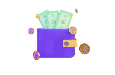 wallet icon with dollar coin and note on white background 3d render concept for money savings