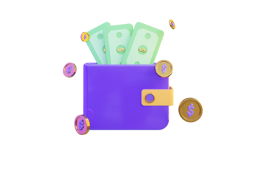 wallet icon with dollar coin and note on white background 3d render concept for money savings