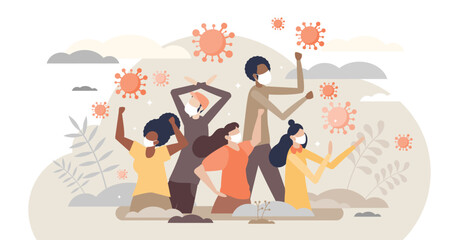 Covid-19 protection as fighting against virus for health prevention and safety threat boxing tiny person concept, transparent background.