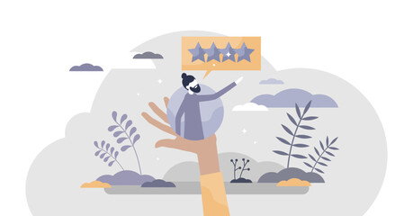 Customer as consumer and client for business and retail tiny person concept, transparent background. Buy purchases and rate with satisfaction stars products and services illustration.