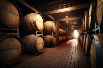 Alcohol barrel room interior. Generative AI