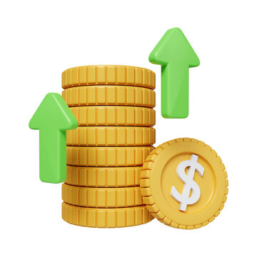 Green up arrow and coin stacks on white background. Financial success and growth concept. PNG icon isolated on white background. 3d rendering illustration. Clipping path.