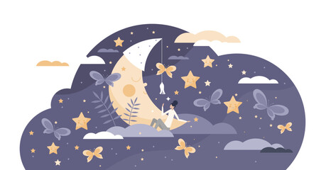 Good sleep scene with cute moon and female in sweet dreams fantasy tiny person concept, transparent background. Night bedtime with deep relaxation below sky and stars illustration. - obrazy, fototapety, plakaty
